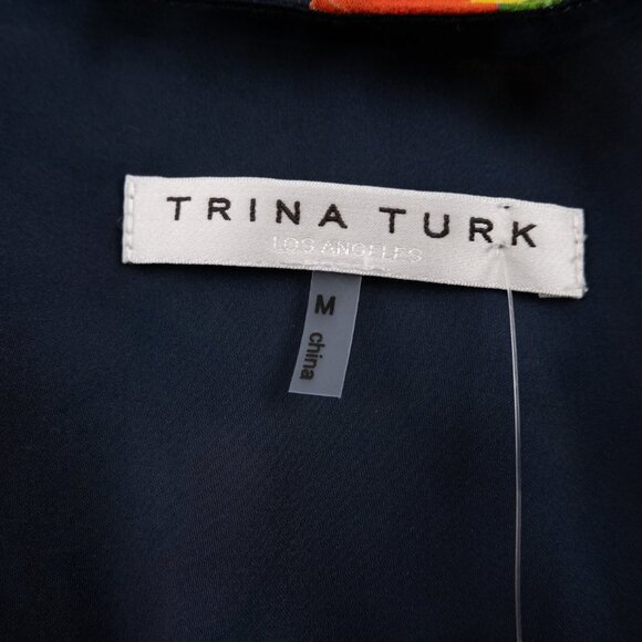 NEW TRINA TURK Navy Silk Floral Print Beaded Caftan Dress size M - Picture 2 of 11